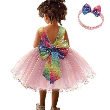 

Alueeu chidren dress for girl Baby Girls Sequins Bowknot Dresses Lace Pageant Party Wedding Tutu Gown Hairband