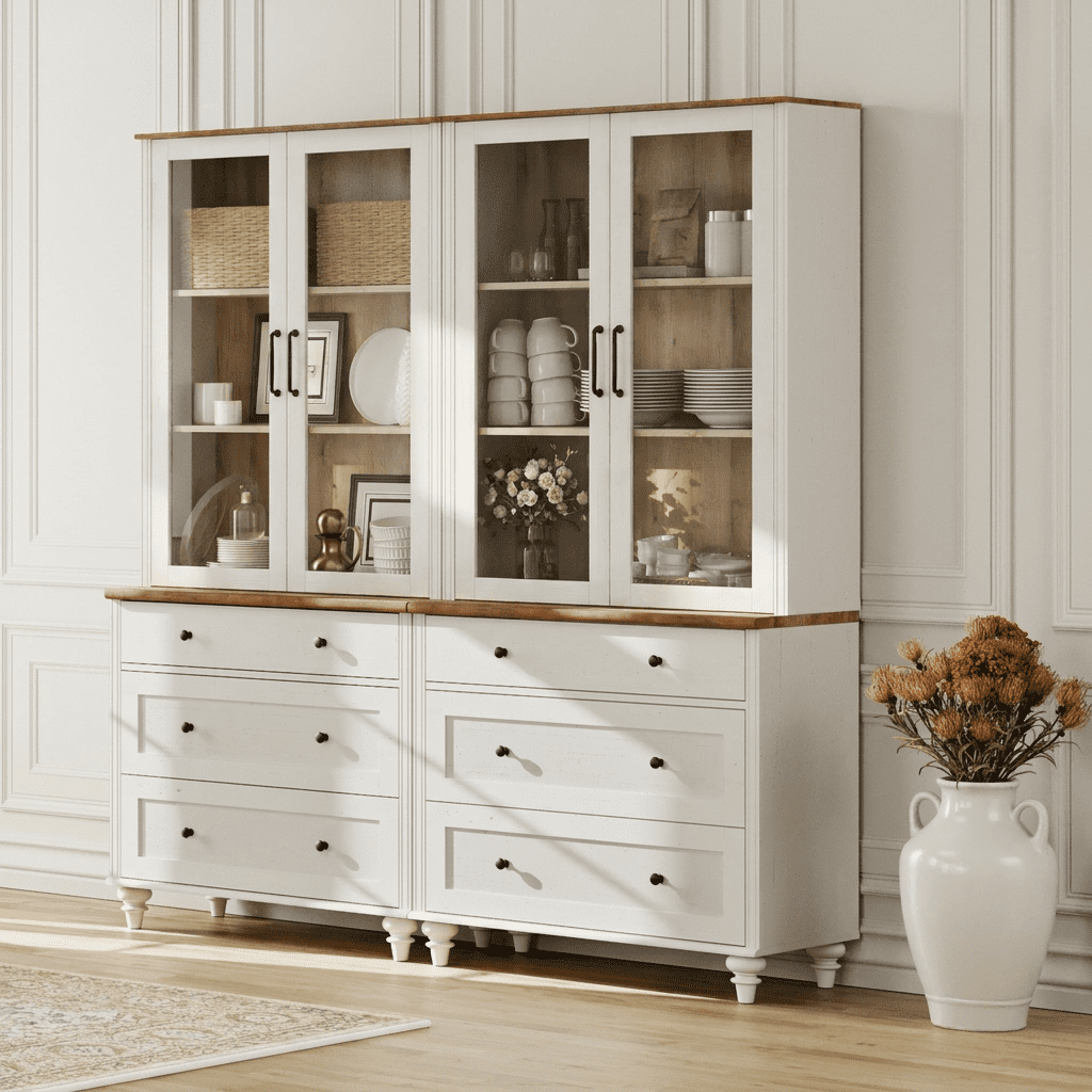 Sideboard Buffet Cabinet with Storage, 5-Tier Bookcase with Glass Doors, Bookshelf with 6 Drawers, Library Wooden Bookshelves for Living Room, Office, Kitchen, White, 72" H