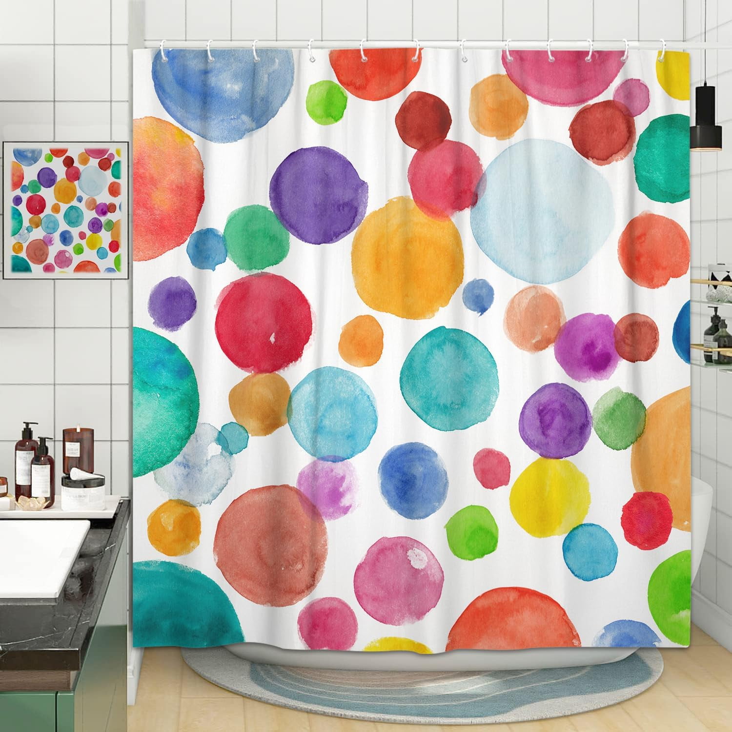 Colorful Polka Dot Shower Curtain for Kids Bathroom, Cute Rainbow Geometric Fabric Kid Shower Curtains Set, Bright White Girls Boys Childrens Restroom Decor Decorative with Hooks 72X 72 inch