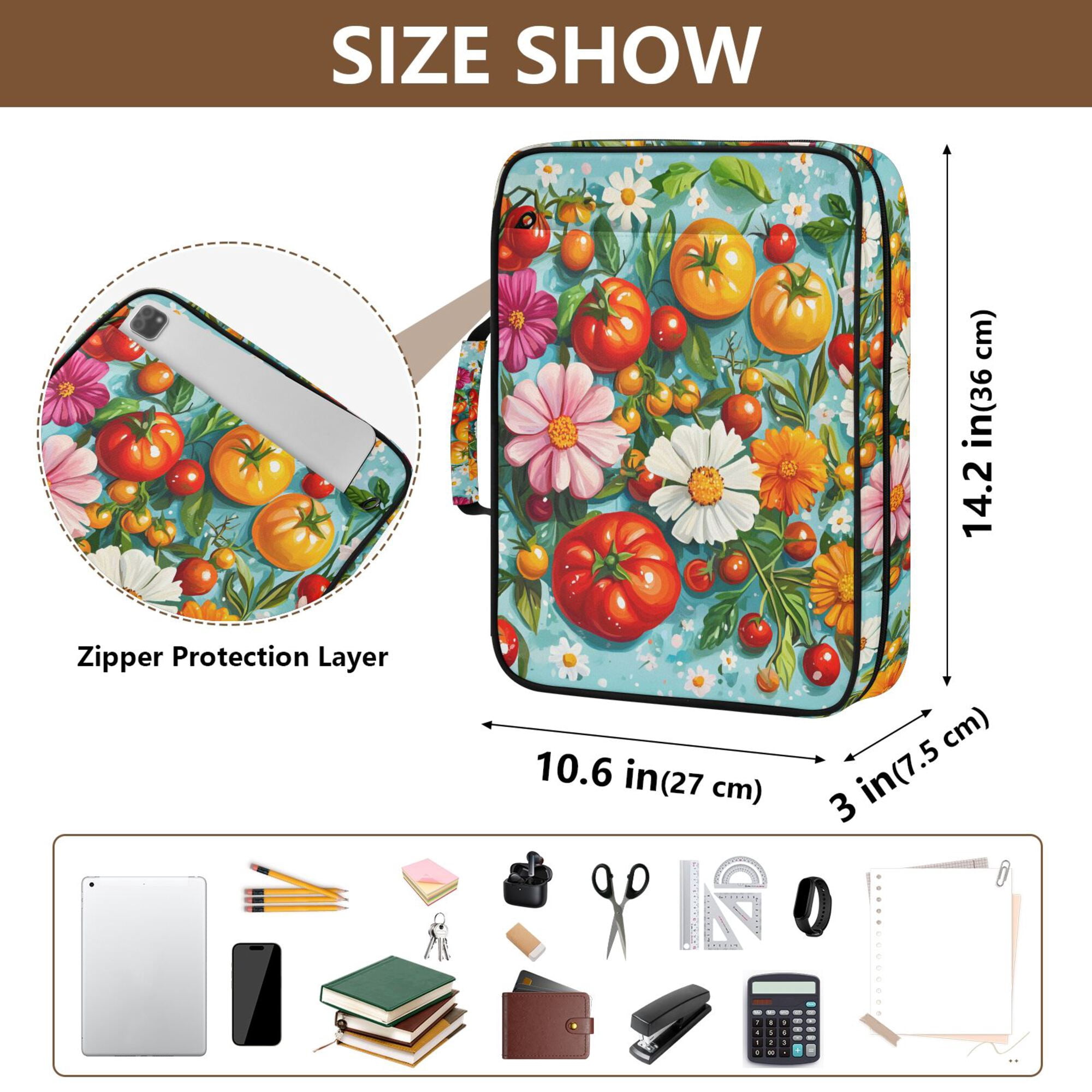 FORMRS Accordion File Folder A4 Size 7-Pocket Expanding Document Organizer Bag with 3 Ring Binder, Pink Floral Tomatoes