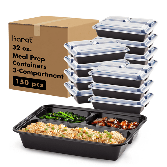 Karat [150 Pack - 32oz] Reusable Microwavable Meal Prep Containers with Lids | 3 Compartment | Black Rectangular Plastic Food Containers (IM-FC1032B-3C)