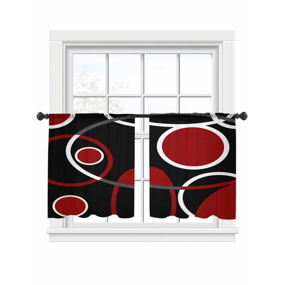 Abstract Geometric Lines Sheer Curtains 54 Inch Long 2 Panels, Circular Texture Red Black Retro Light Filtering Rod Pocket Semi Sheer Curtains, Sheer Voile Drapes for Living Room Bedroom, 52"x54"