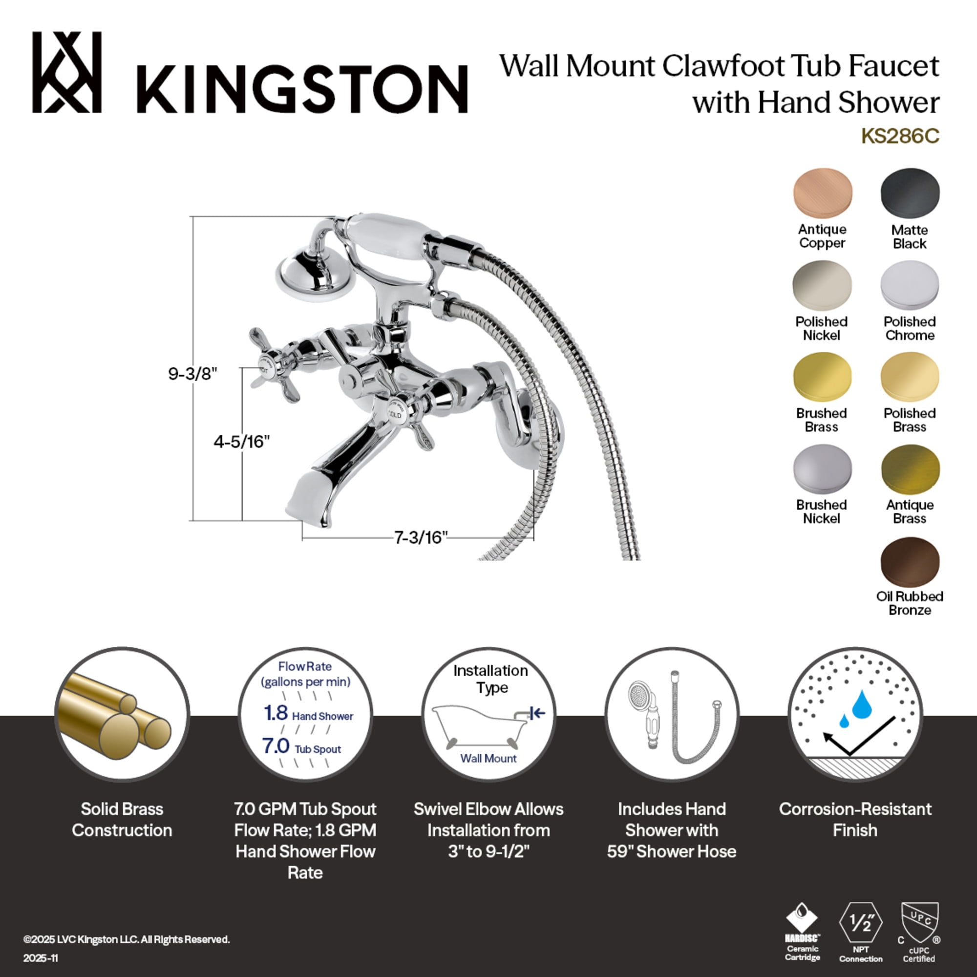 Kingston Brass KS286AC Essex Wall Mount Clawfoot Tub Faucet with Hand Shower, Antique Copper