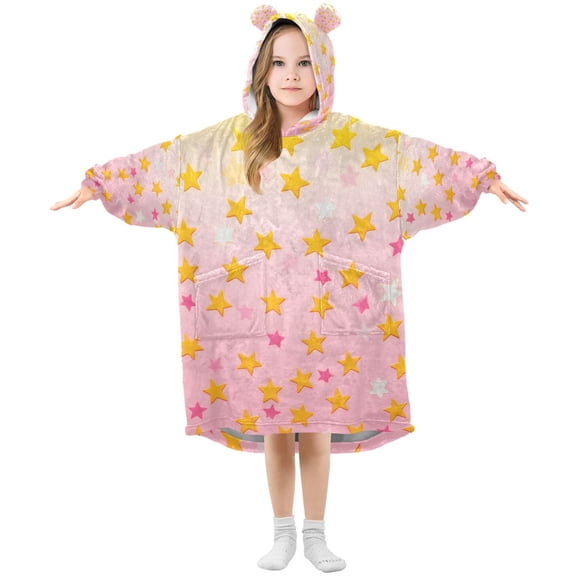 FORMRS Wearable Blanket Hoodie with Sleeves for Kids Cozy Flannel Sweatshirt, Gradient Pink Stars