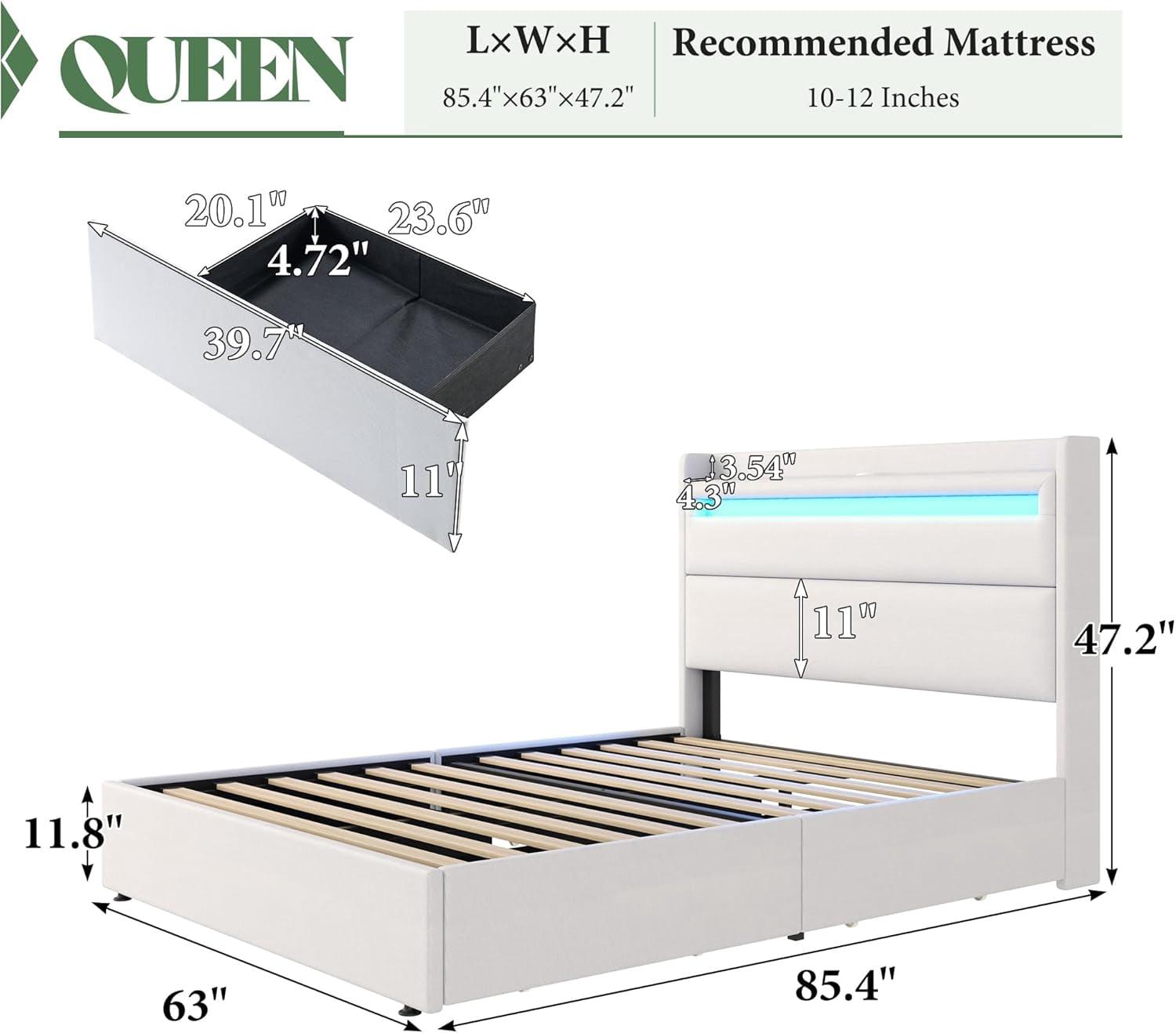 VanAcc Queen Size Upholstered Bed Frame with LED Storage Headboard, 4 Foldable Storage Drawers & Charging Station, White