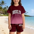 thumbnail image 2 of oqasdz Children Kids Girls Summer Outfits Short Sleeve Gradient Color Letter Print Drawstring Shorts Set Casual Beach Vacation Outdoor Clothes Sets,,11-12 Years, 2 of 5