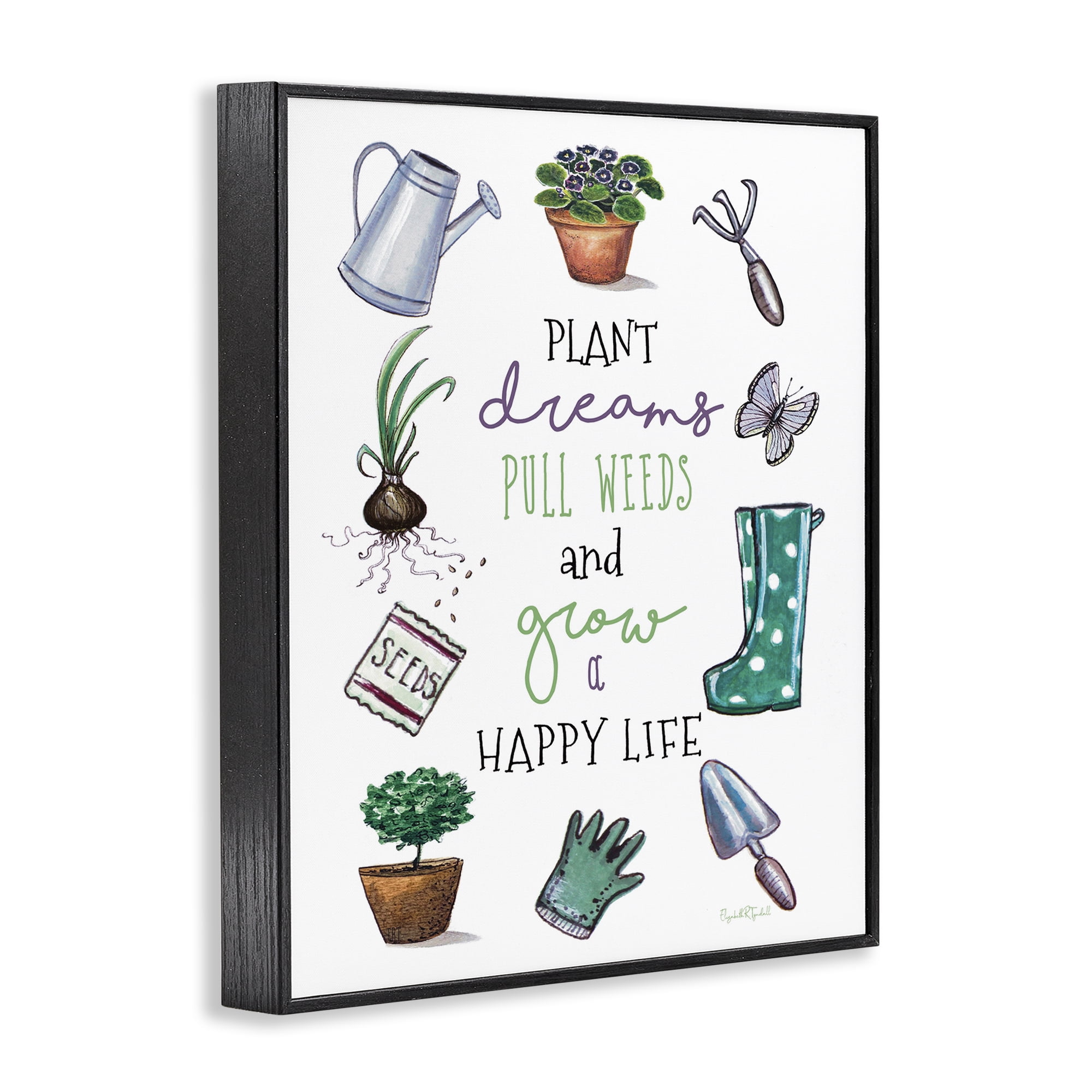Stupell Industries Grow a Happy Life Botanical & Floral Painting Black Framed Art Print Wall Art, 11 x 14