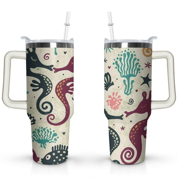 40oz Ocean Cute SeaHorse Stainless Steel Flip Straw Tumbler Spill Proof Travel Cup Double Wall Vacuum Insulated Coffee Mug with Top Handle