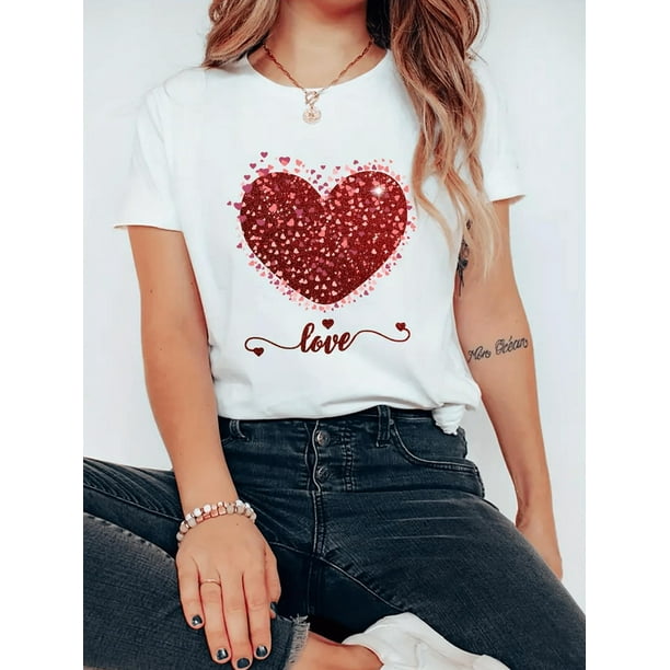 Valentine's Day Heart-Shaped Pattern Printed T-Shirt - Washed Cotton Short-Sleeved Round Neck Women's T-Shirt, The Perfect Choice For Summer Casual Wear