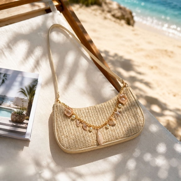 NWOKYZGH Straw Shoulder Bag for Women, Boho Woven Raffia Hobo Purse with Charm Chain, Summer Beach Vacation Bag