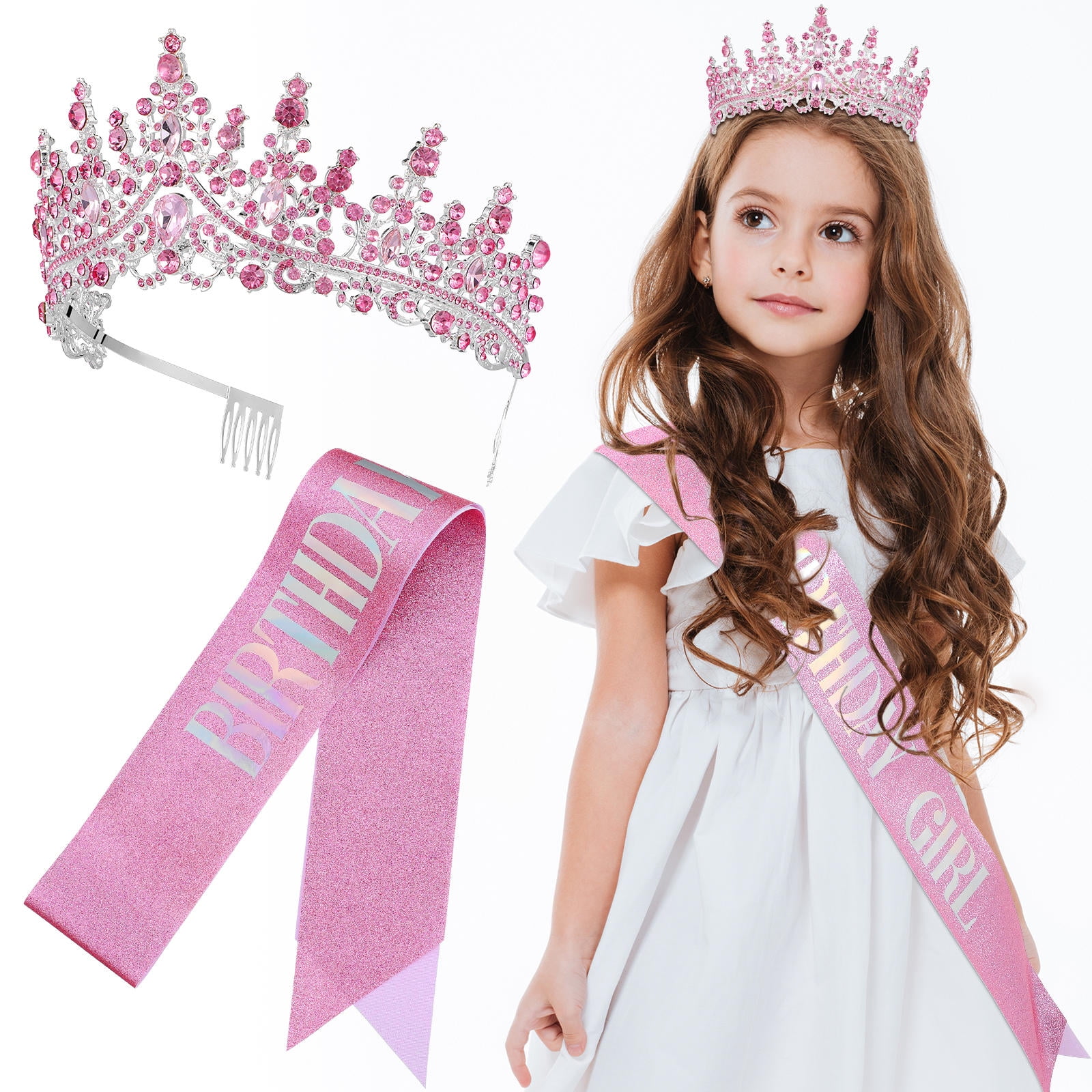 BESTOYARD Princess Tiara and Sash Set Pink Rhinestone Birthday Decoration