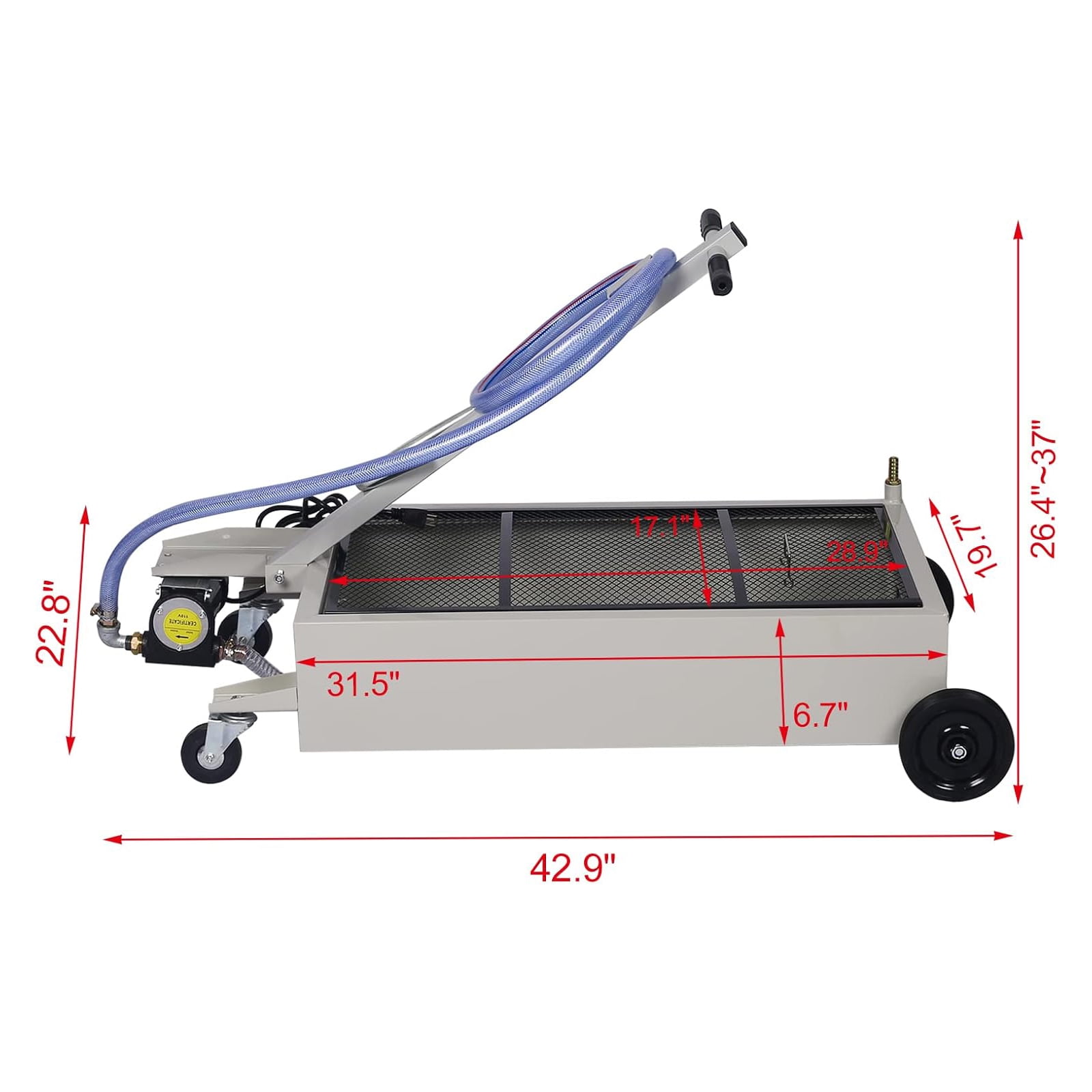 Low Profile Oil Drain Pan, Oil Drain Pan - Folding Handle, Heavy-Duty Mobile Oil Drain Tank with Locking Wheels & Filter Screen (High-Flow Pump, Grey, 20 Gallon)
