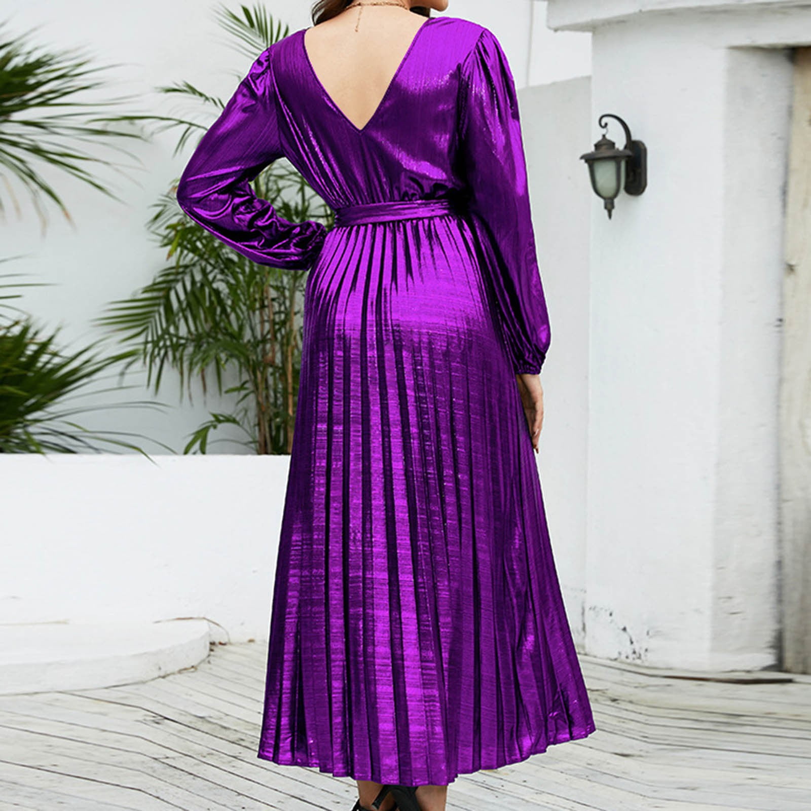 Olyvenn Womens Plus Size Long Party Evening Dresses Bubble Long Sleeve Prom  Dress Fashion Elegant Satin Solid House Dress Sexy Surplice V Neck Bandage  High Waist Swing Ball Gown Smocked Purple 12 -