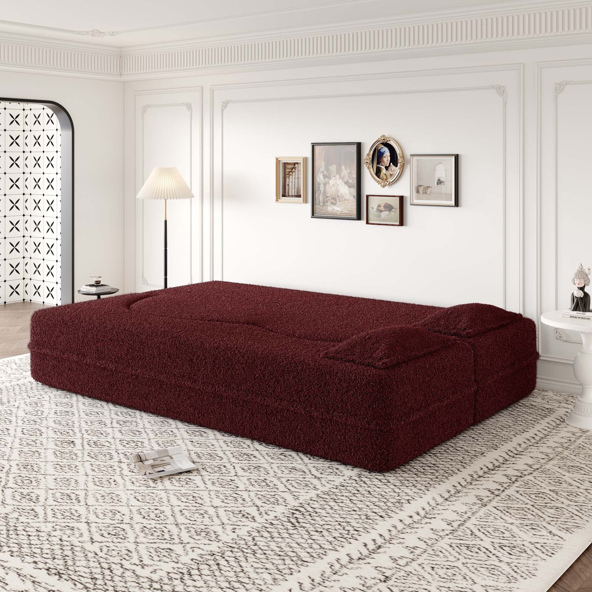 Miniyam Floor Sofa with 2 Pillows,Convertible Teddy Fabric Foam-Filled Sleeper Sofa Bed for Living Room,Guest Bed, Burgundy