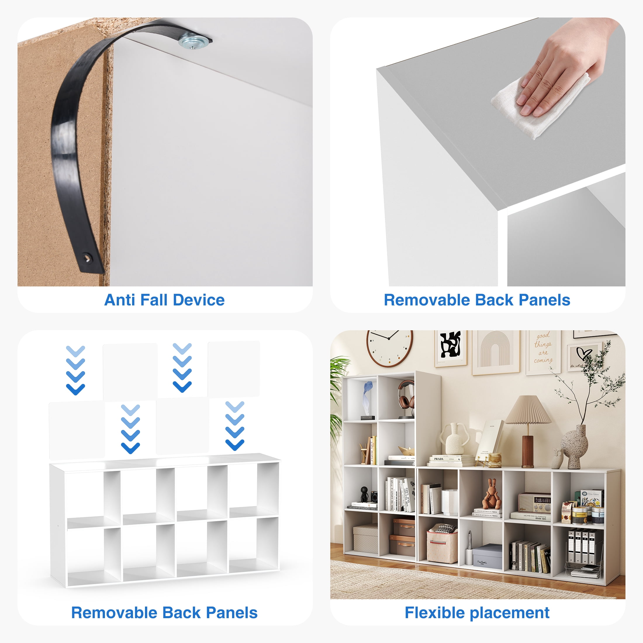 ZUNMOS 8 Cube Storage Organizer,Open Cube Storage Bookcase with 4  Removable Back Panels, for Living Room, Bedroom, Entrance Hall &Office ,47.7" L×11.6" W×24"H, White