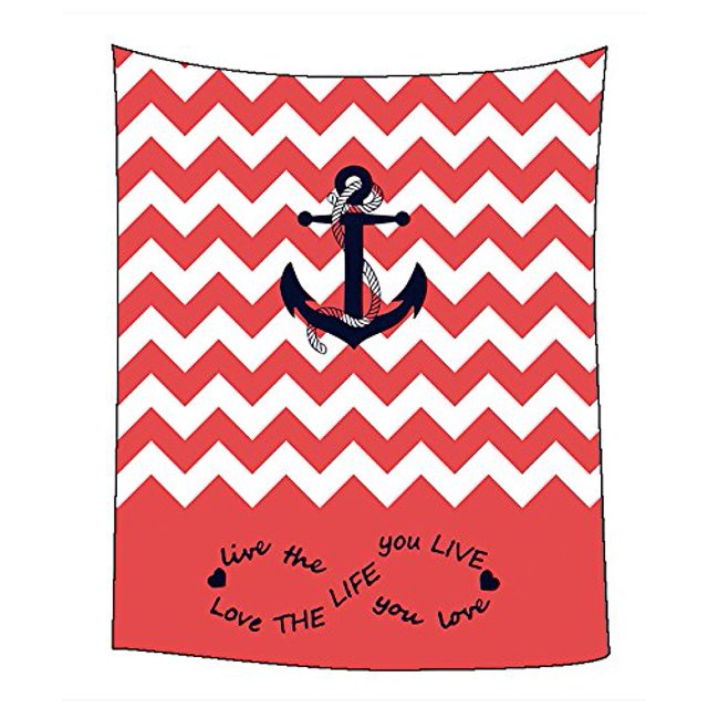 ABPHQTO Live the Life You Love, Coral y blanco Chevron Zig Zag Pattern con ancla Dormitorio Sala de estar Arte Tapiz para colgar en la pared Tamaño 130x150 cm