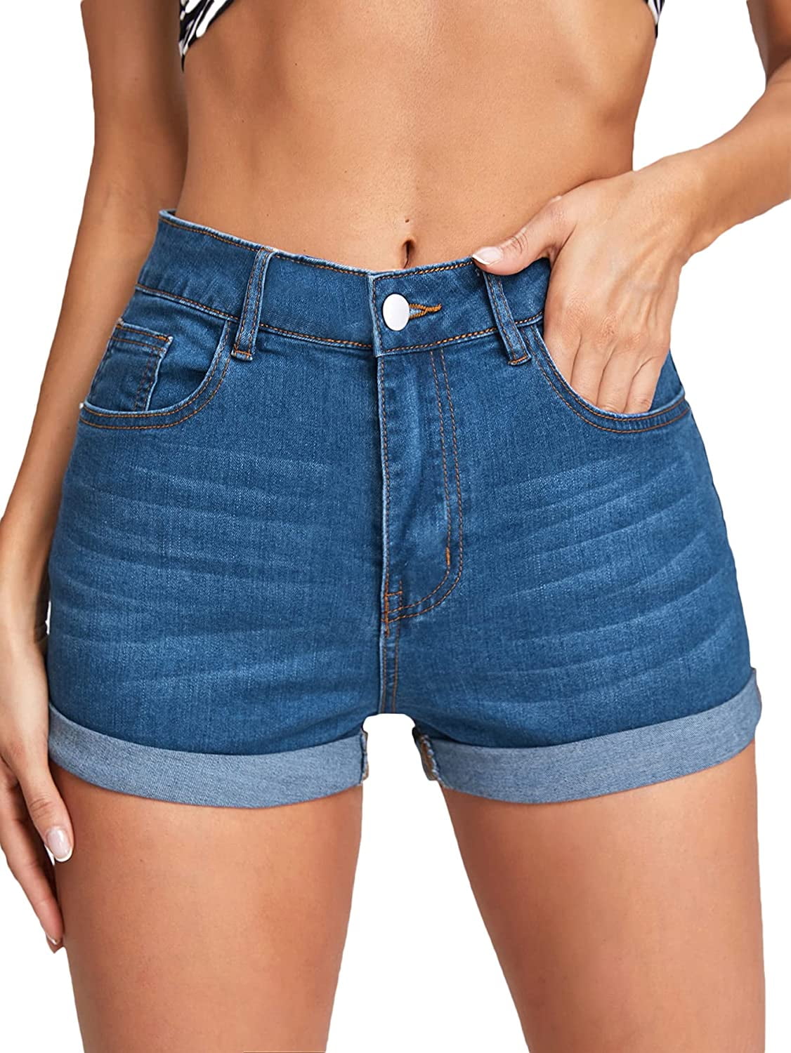 Women Casual Rolled Hem Denim Shorts 