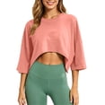 thumbnail image 5 of VBVC Women's Cropped Crew Neck Sweatshirt , Ladies' 3/4 Sleeve Drop Shoulder Top , Casual Athletic Yoga Workout Shirt For Women,Pink,S-2XL, 5 of 9