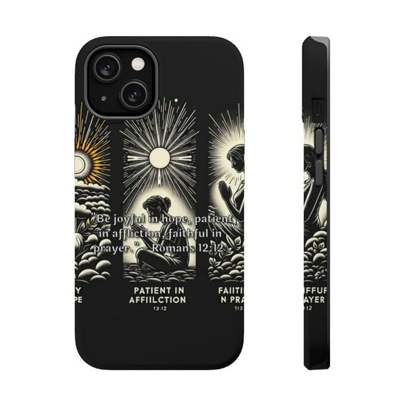 DistinctInk Tough Case for Apple iPhone 14 PLUS (6.7" Screen), Compatible with MagSafe Charging - "Romans 12:12 - Embrace Hope, Endure Affliction, Faithful Prayers"