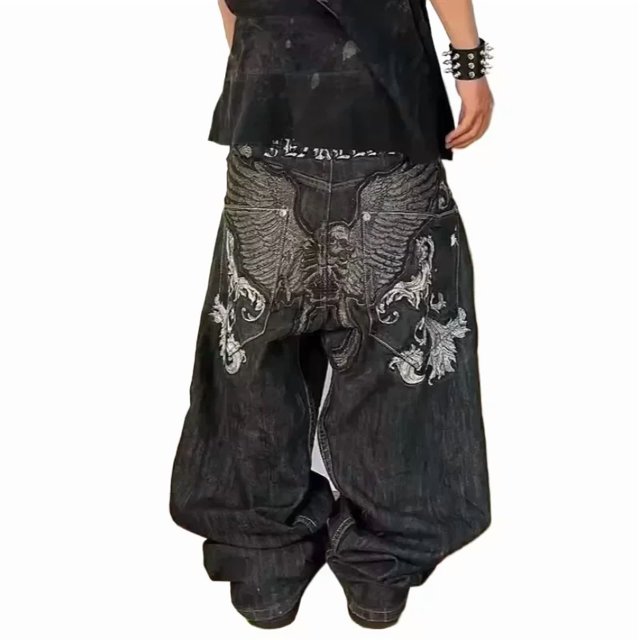 Womens Polyester Printed Oversized Baggy Wide Leg High Waist Full Length Jeans