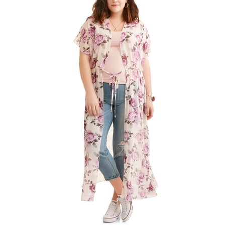 Junior's Plus Short Sleeve Floral Maxi Layering Cover Up