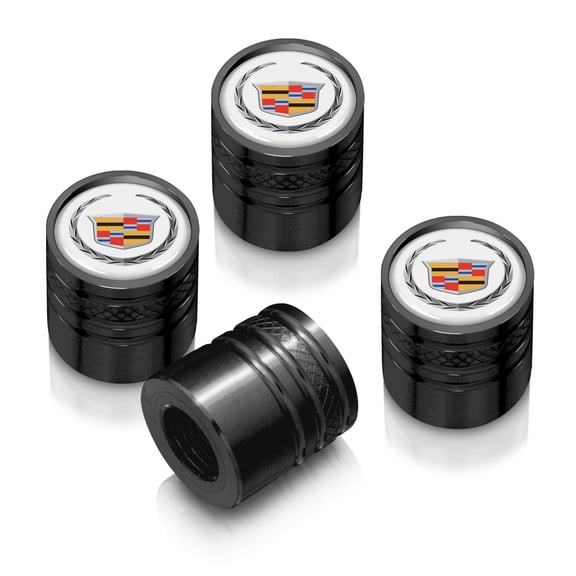 Cadillac Logo in White on Black Aluminum Cylinder-Style Tire Valve Stem Caps