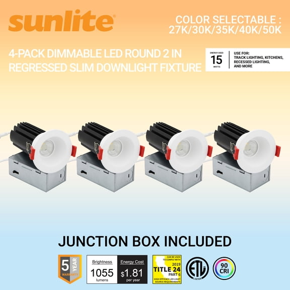 Sunlite 2-Inch LED Round Regressed Downlight Fixture, 15 Watts, 1055 Lumens, Canless, Color Selectable 27K/30K/35K/40K/50K, 90 CRI, Dimmable, ETL Listed, Title-24 Compliant, 4 Pack