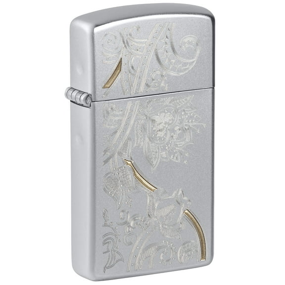 Zippo Lighter: Slim, Engraved Floral Pattern - Satin Chrome 81444