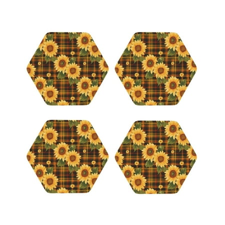 

Fuzoiu Yellow Black Plaid Sunflower Print Leather Coasters Set Drink Coasters Set of 4 for Tabletop Protection Durable PVC Coasters Home Décor and Housewarming Gift-Hexagon
