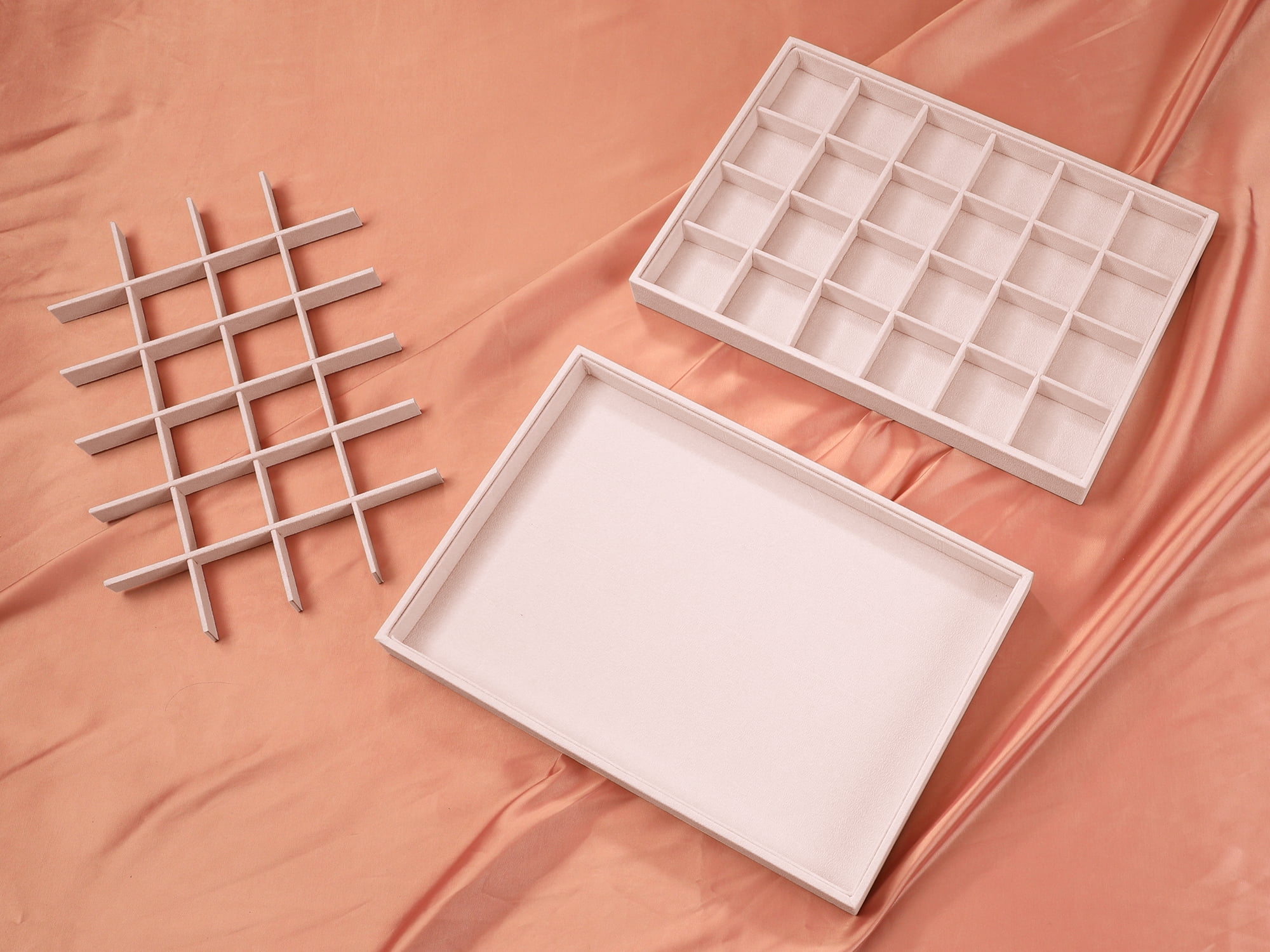 Unique Bargains 2pcs Stackable Velvet Jewelry Organizer Trays with Removable Dividers Light Pink-24 Grid Tray