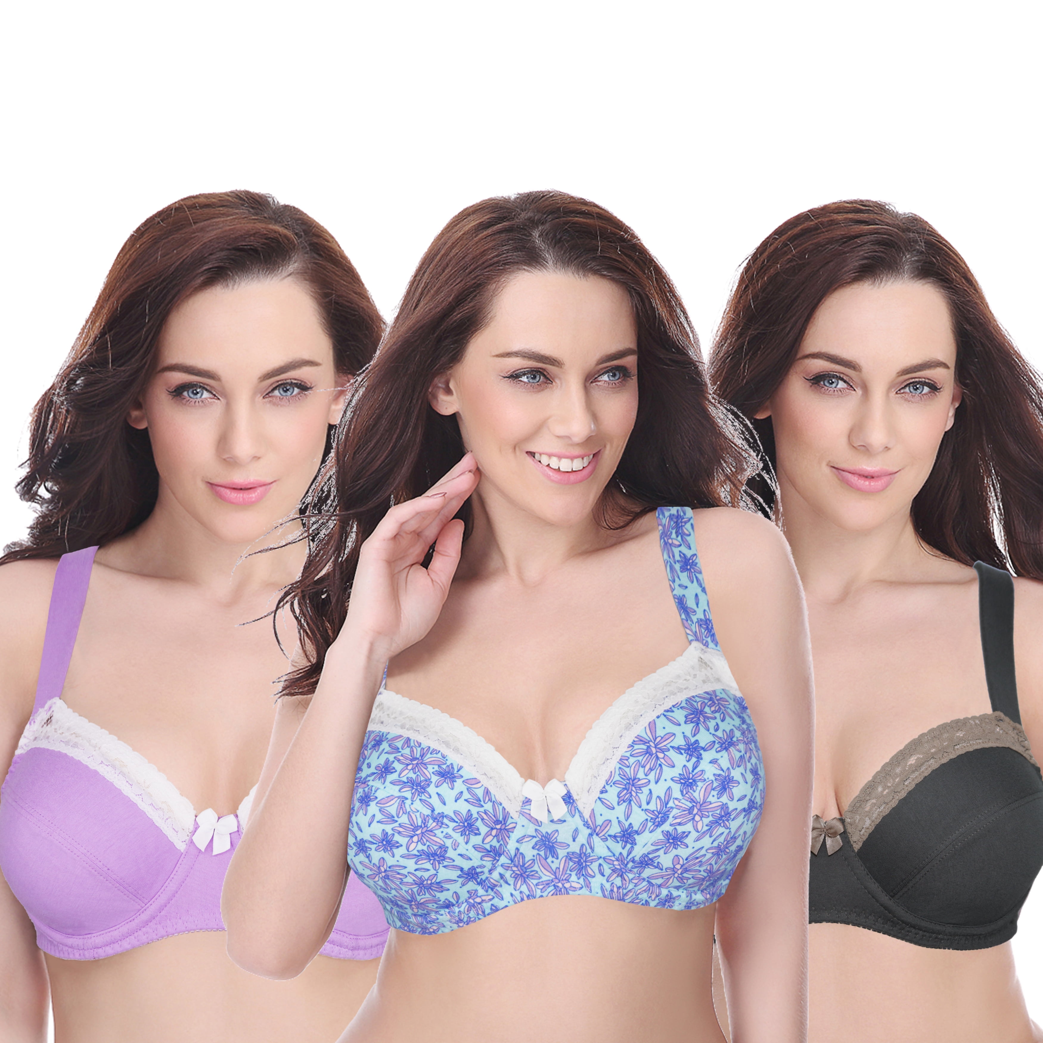 Curve Muse Women's Plus Size Underwired Unlined Balconette Cotton Bra-3Pack-DARK GRAY,LAVENDER,BLUE PRINT(3 PACK)-40DDD