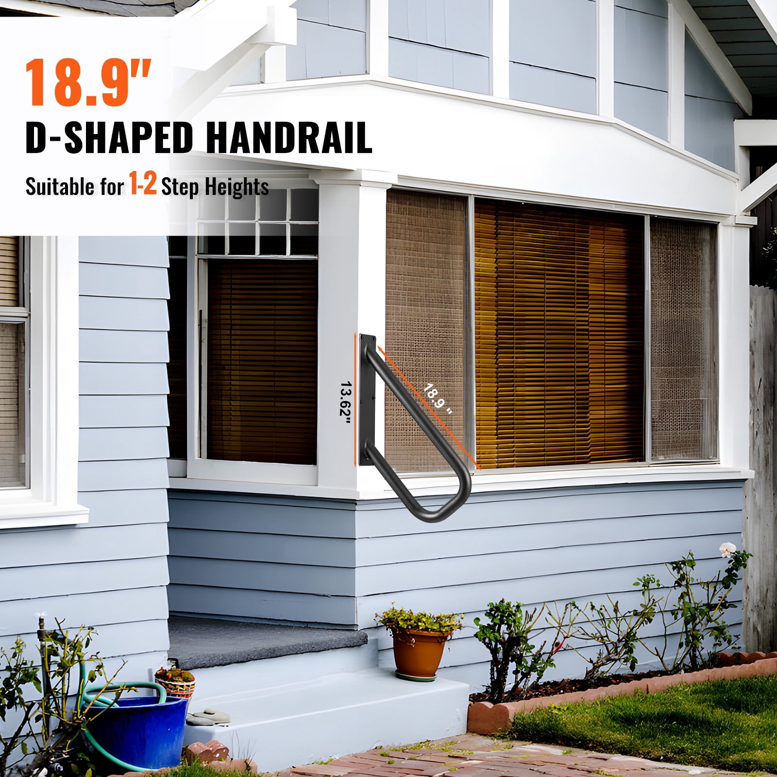 SKYSHALO Outdoor Step Handrails, 18.9" Long 1.3"Pipe, Wall-Mounted Safety Rails for 1-2 Steps, Matte Black Stair Rail for Garden, Yard, Garage, Support for Elderly, Pregnant, Disabled