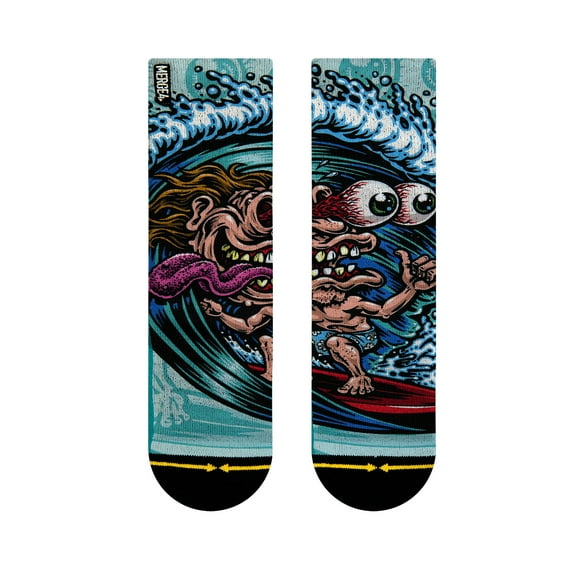 MERGE4 Surf Freak Large Youth Crew Socks for Boys and Girls Youth Sized Surf Compression Socks Waves Gnarly Art Fun