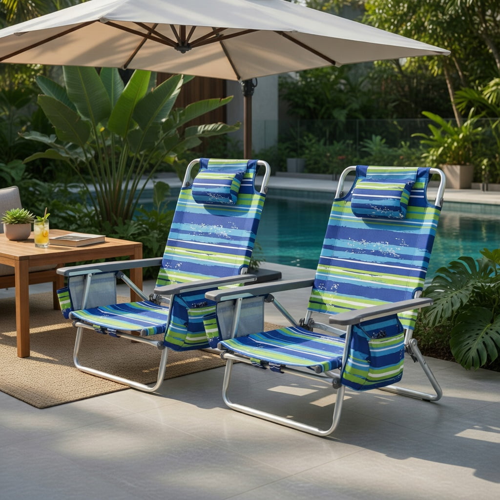 Hommoo 2-Pack Foldable Beach Chair with Pillow, 5-Position Reclining Outdoor Lounge Chair for Beach, Pool & Camping, Blue