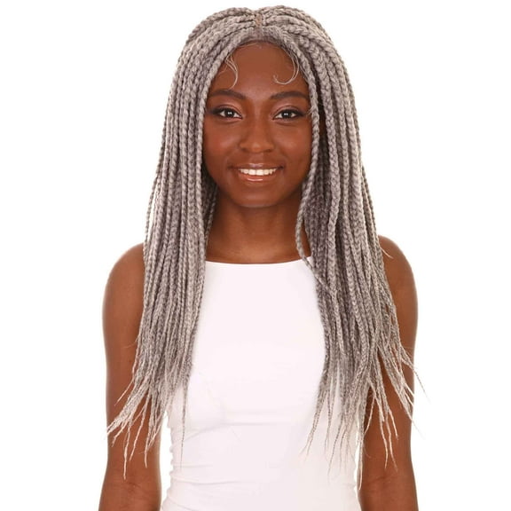 LUXLUXE Uyai Straight 23 Inch 4X4 Hand-Tied Lace Braided Wig, Heat Resistant Fiber, Dip Dyed & Grey Blended Color