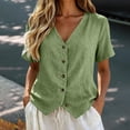thumbnail image 2 of Nooxsoe Women’s Tailored Slim Fit Cotton Linen Shirts V Neck Collarless Short Sleeve Full Wooden Button Front Curved Hem Lightweight Gauze Top for Office Work Summer Beach Vacation Outfits Green 3XL, 2 of 5