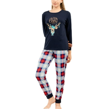 

Lumento Women Men Kids Casual Christmas Nightwear Loose Elastic Waist Matching Family Pajamas Set Soft Long Sleeve Sleepwear Dark Blue Men: XL