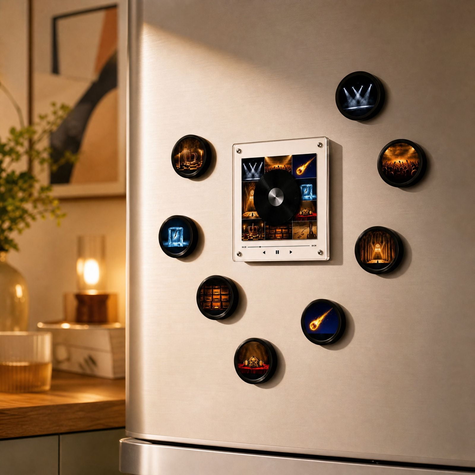 Magnetic Fridge Vinyl Music Box Set, Mini Retro Refrigerator Vinyl Record Player with Led Light, Vintage Vinyl Record Storage Music Magnets with 9 NFC Discs for Holiday Gift Family Friends Collectors