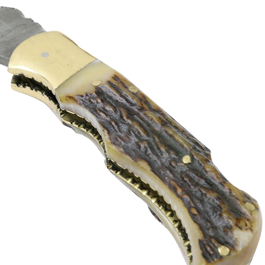 TheBoneEdge 6.5" Damascus Folding Knife Stag Handle Handmade with Sheath New