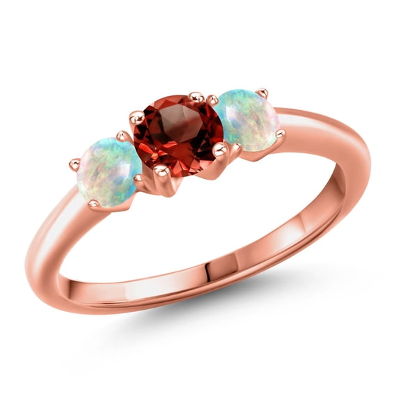 Gem Stone King 18K Rose Gold Plated Silver Red Garnet and Simulated White Opal Engagement Ring for Women | 1.05 Cttw | Round 5MM | Gemstone January Birthstone | Size 5