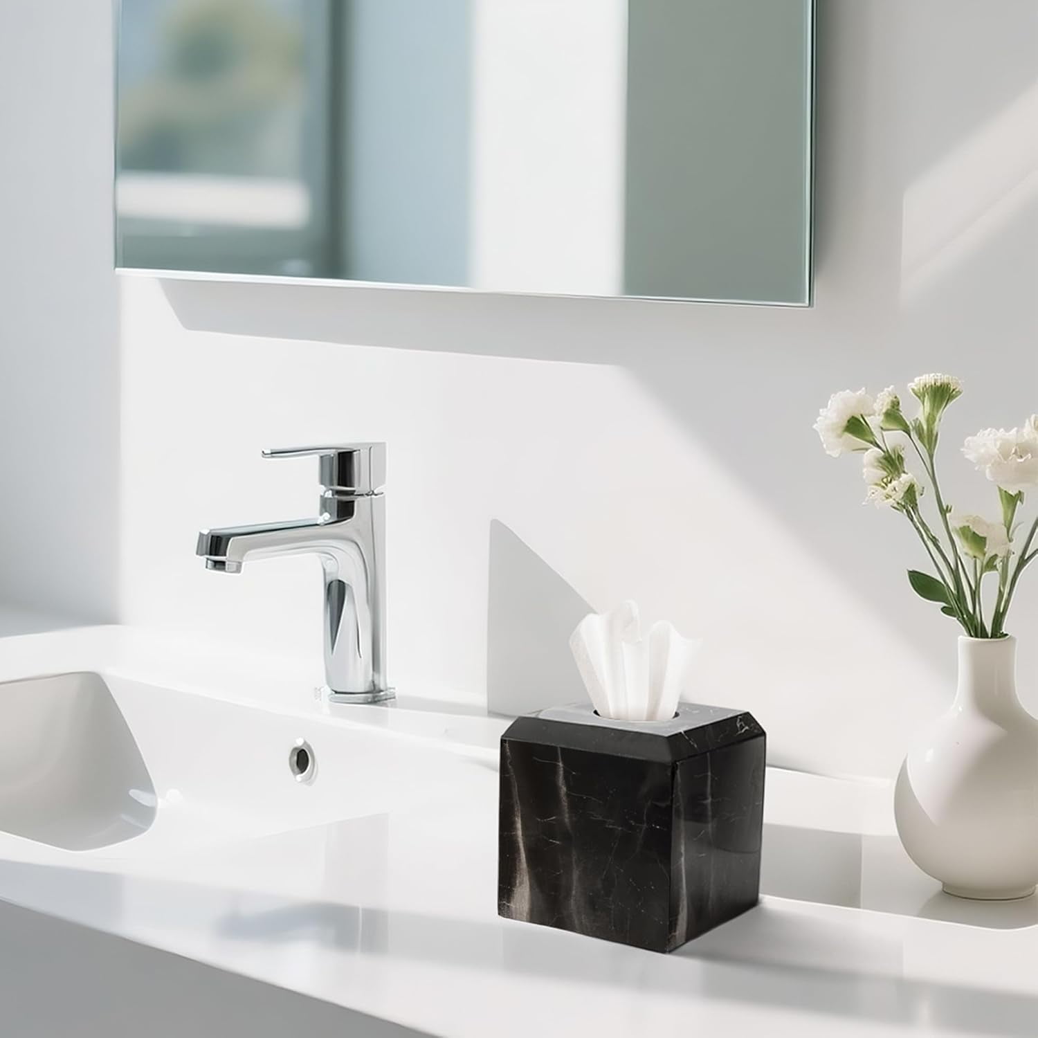 Tissue Box Cover Italy Natural Marble Heavy Duty Square Facial Toilet Paper Holder for Bathroom Living Room Bedroom Dresser Kitchen Minimalistic Office Home Decor Black (WH013)