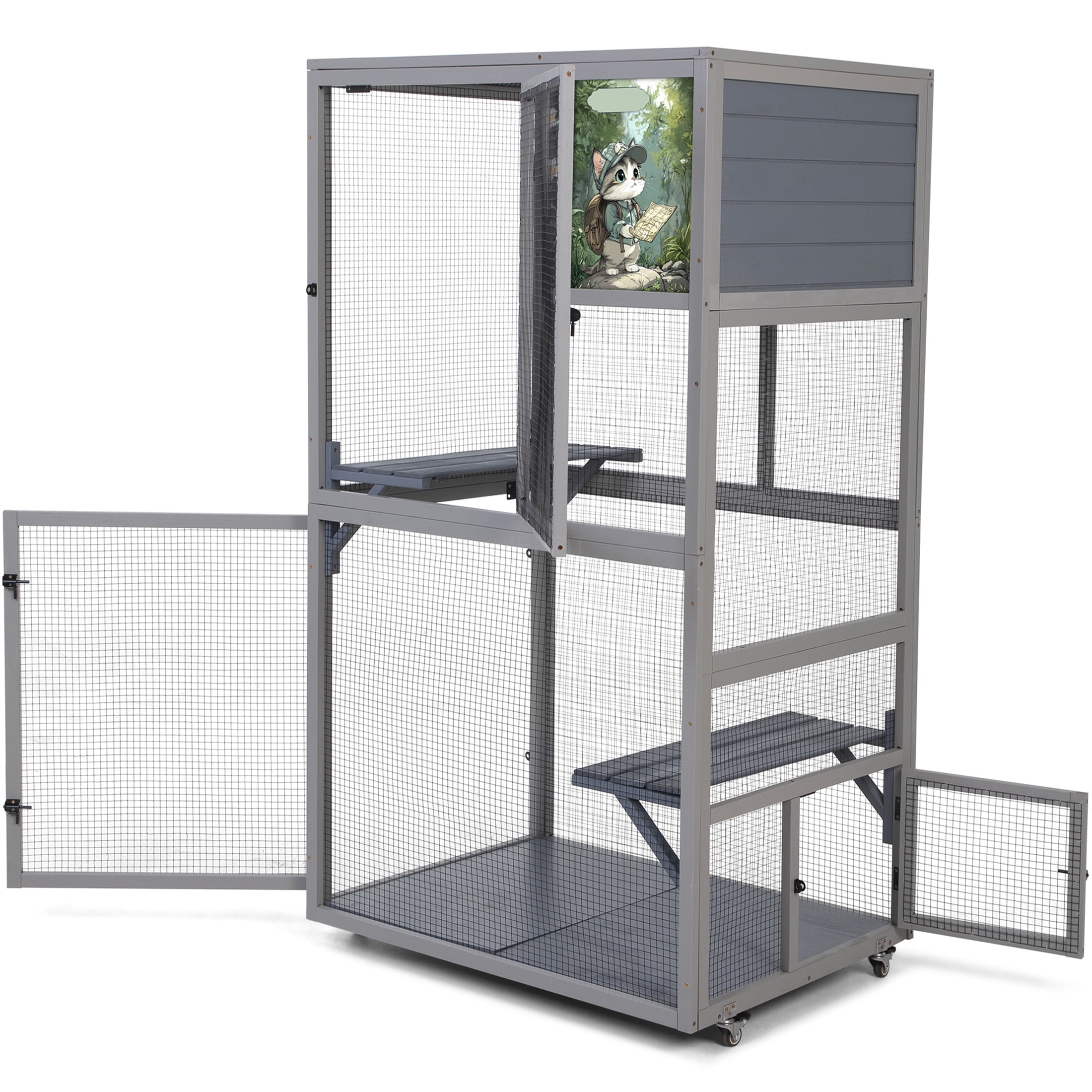 JERFIT 66" Large Outdoor Catio Enclosure with Wheels, 2 Platforms & Sleeping Condo, Portable Cat Cage Patio House for Indoor & Outdoor Use, Gray