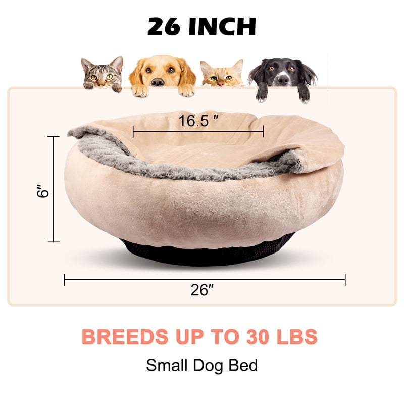 Donut Round Calming Anti-Anxiety Dog Burrow Cave Bed, Small Dog Bed Cat Bed with Hooded Blanket, Cozy Cuddler Luxury Puppy Pet Bed, Machine Washable, Anti-Slip Bottom, Beige, 26inch