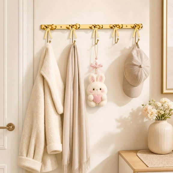 Golden Bow Wall Hooks for Daily Home Use – Decorative Metal Coat Rack Wall Mounted Organizer for Coats Scarves Towels Hats Entryway Bathroom Bedroom Kitchen Storage and Decor