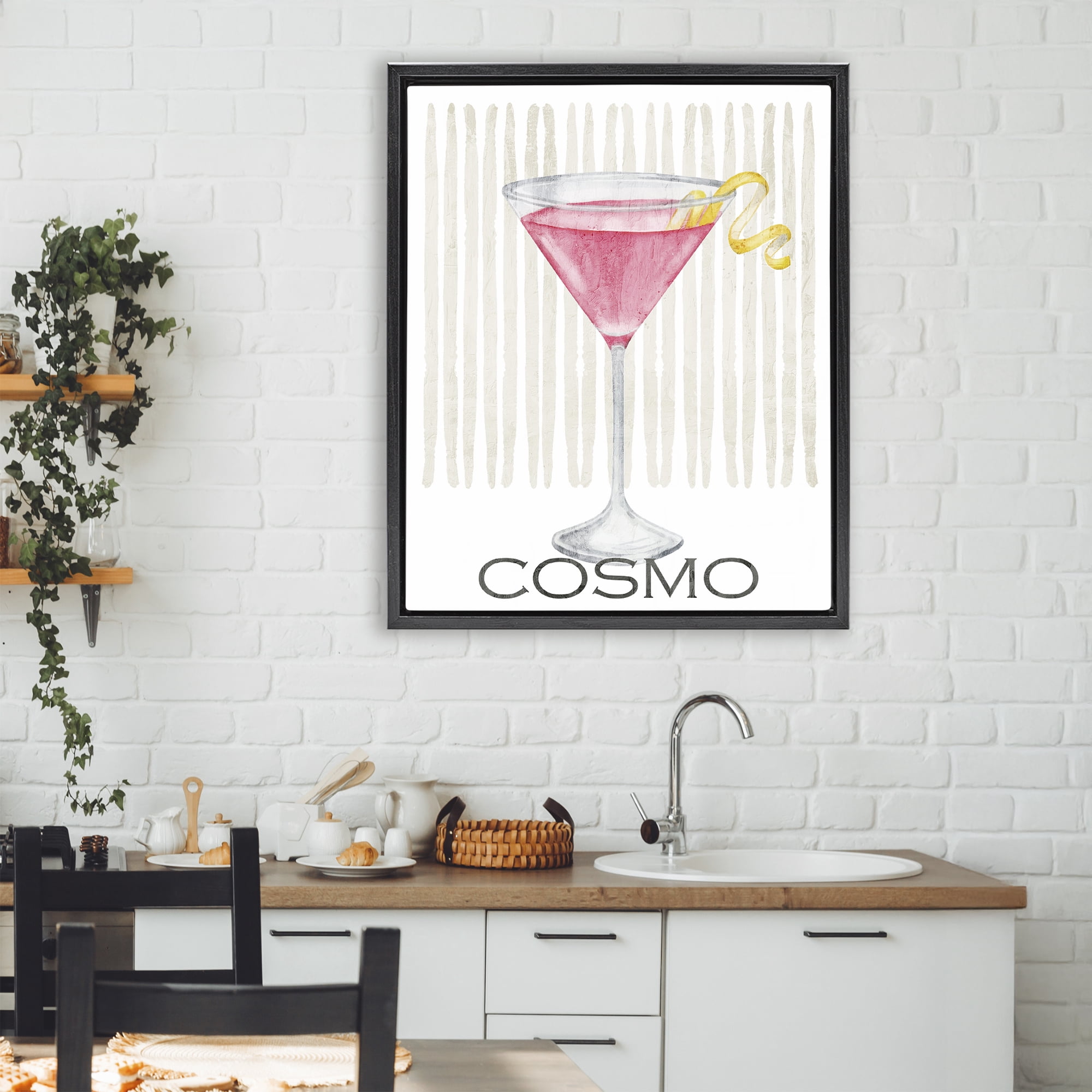 Stupell Industries Pink Cosmo on Stripes Black Framed Floater Canvas Wall Art, design by Kim Allen