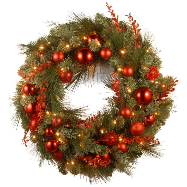 Collection Décorative 24 Pouces Couronnes Mélangées Rouges de Noël avec 50 LEDs Blanc Doux à Piles avec Minuterie