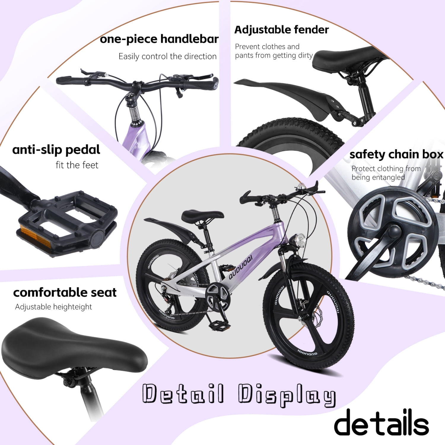 20 Inch Kids Mountain Bike, 7-Speed Kids' Bicycles for Boys and Girls with Dual Disc Brakes, Magnesium Alloy Frame and LED Headlight, Purple
