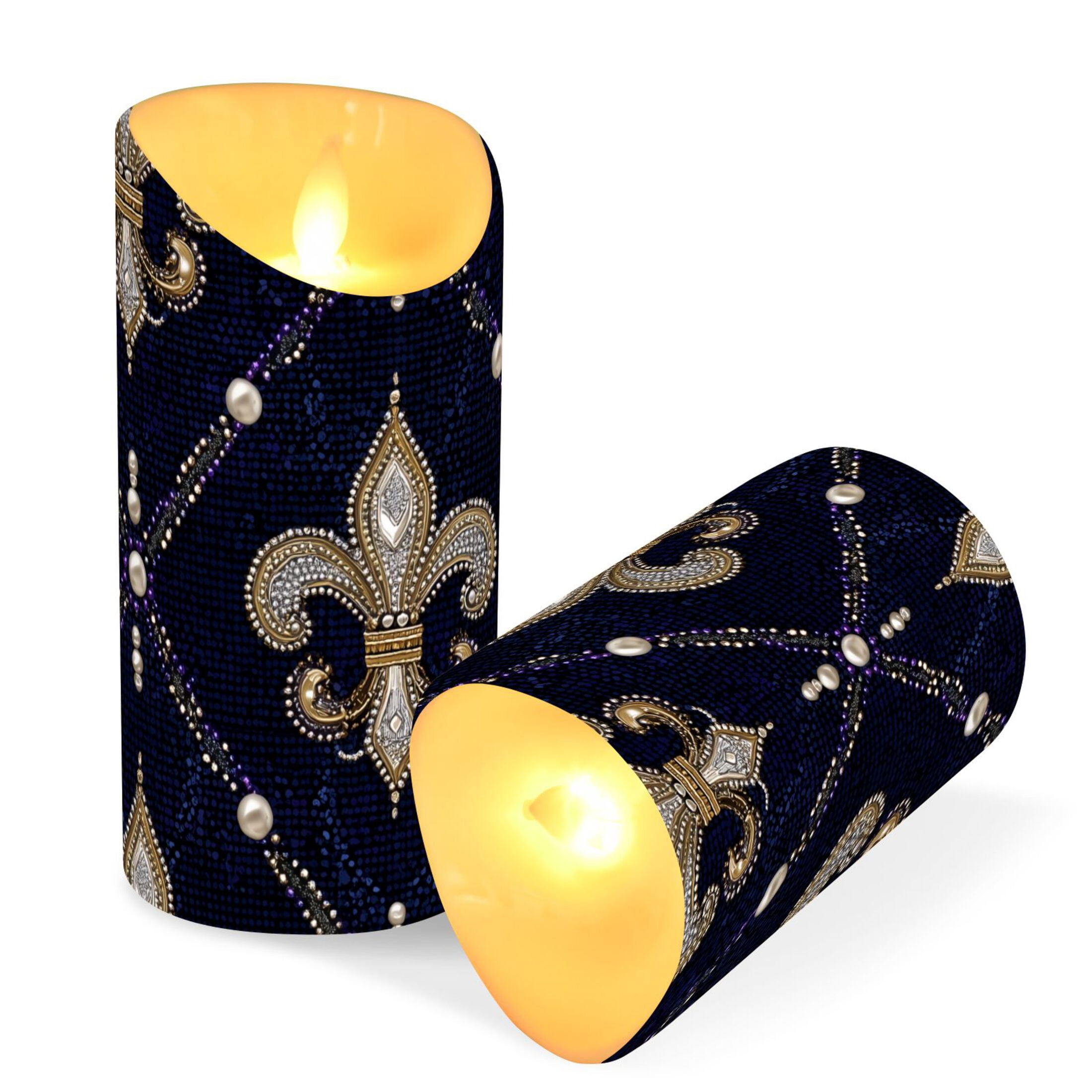 Mardi-gras Flowers with Pearls Flickering Flameless Candles with Remote Timer Battery Operated LED Tealight Set of 2 M