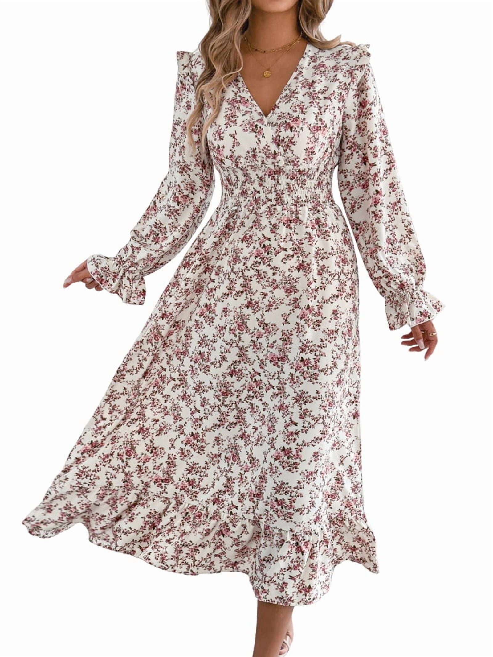 Women'S Long Sleeve Floral Print V-Neck Ruffle Hem Maxi Dress Shirred Waist White S