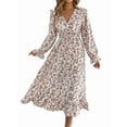 thumbnail image 2 of Women'S Long Sleeve Floral Print V-Neck Ruffle Hem Maxi Dress Shirred Waist White XL, 2 of 9